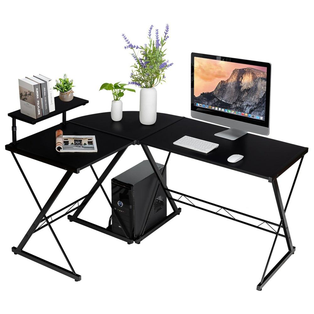 58” x 44” L-Shaped Computer Gaming Desk w/ Monitor Stand & Host Tray Home Office Black |  Furniture & Storage Furniture & Storage Black