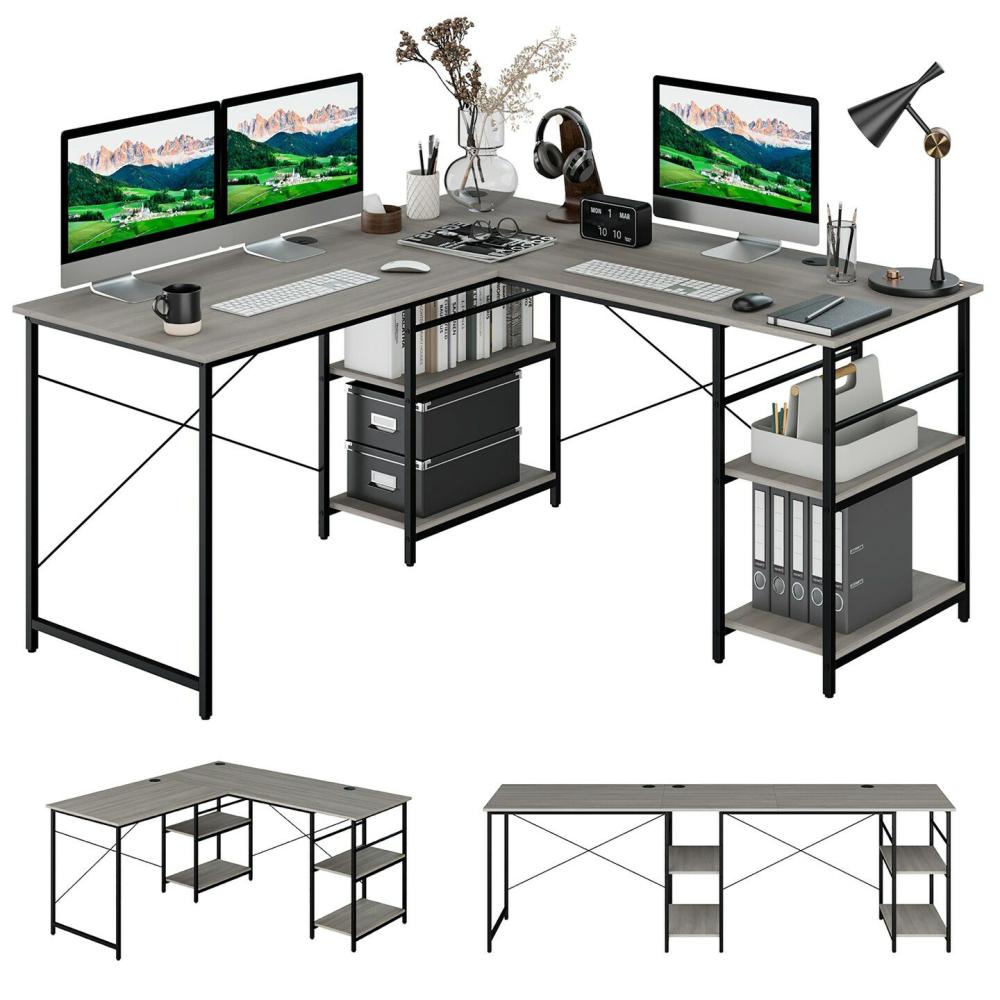 95” Convertible L-shaped Corner Computer Desk 2-Person Long Desk Shelves Grey  |  Furniture & Storage Furniture & Storage Furniture & Storage