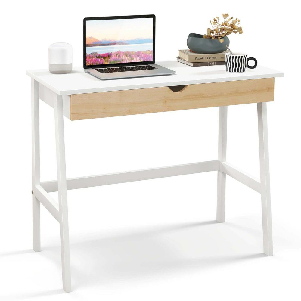 Computer Desk Wooden Workstation Vanity Table w/ 1 Drawer & Rubber Wood Legs White/Natural |  Furniture & Storage Furniture & Storage Furniture & Storage