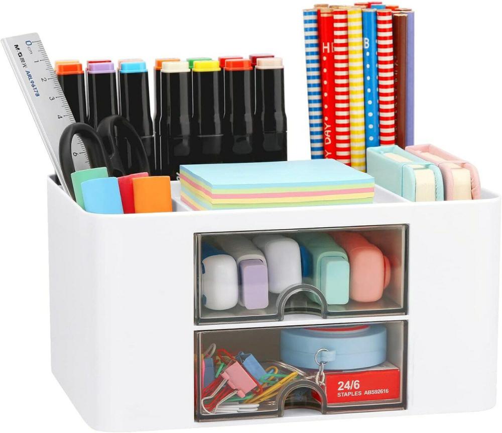 Desk Organiser with Two Drawers, Plastic Desktop Pen Pencil Card Holder Storage Box for Desk, Office Supplies, Vanity Table Office School Home (White)  |  Furniture & Storage Furniture & Storage Furniture & Storage