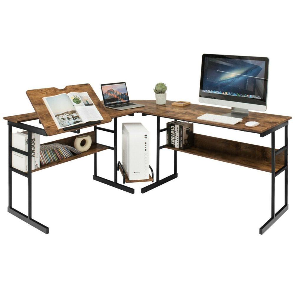 L-Shaped Computer Desk Drafting Table Workstation w/ Tiltable Tabletop Rustic Brown |  Furniture & Storage Furniture & Storage Furniture & Storage