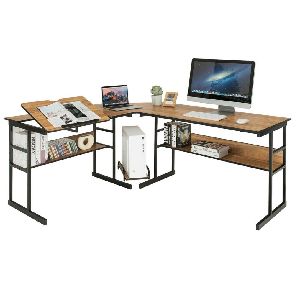 L-Shaped Computer Desk Drafting Table Workstation w/ Tiltable Tabletop Walnut |  Furniture & Storage Furniture & Storage Furniture & Storage