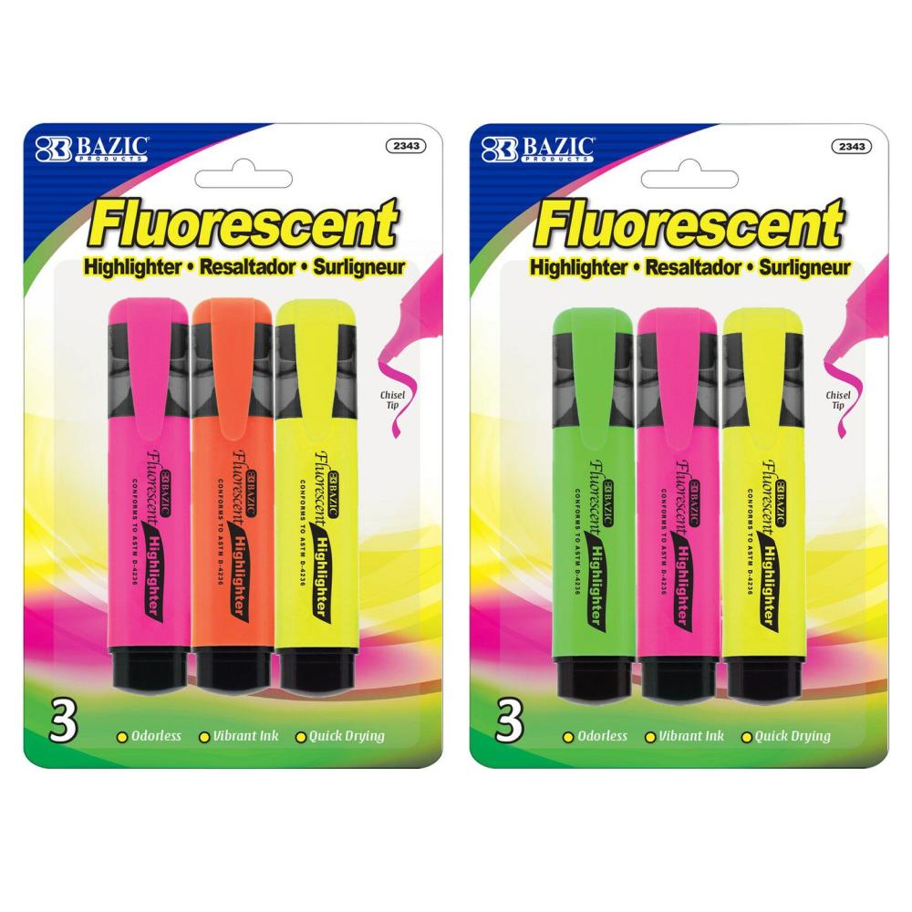 Fluorescent Highlighters w/ Pocket Clip (3/Pack)  |  Pens, Pencils & Markers Office Supplies Pens, Pencils & Markers